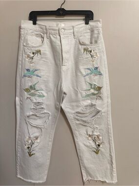 7 For All Mankind White Boyfriend Jeans with Pastel Bird Embroidery